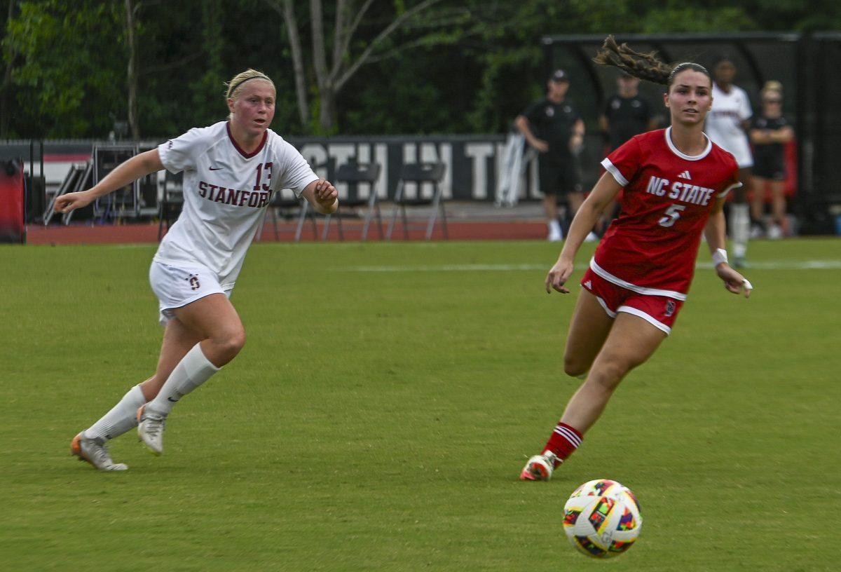 Junior defender Alex Mohr chases after the ball during the match against Stanford University at Dail Soccer Field on Sunday, Sept. 22, 2024. NC State lost to Stanford 2-0.