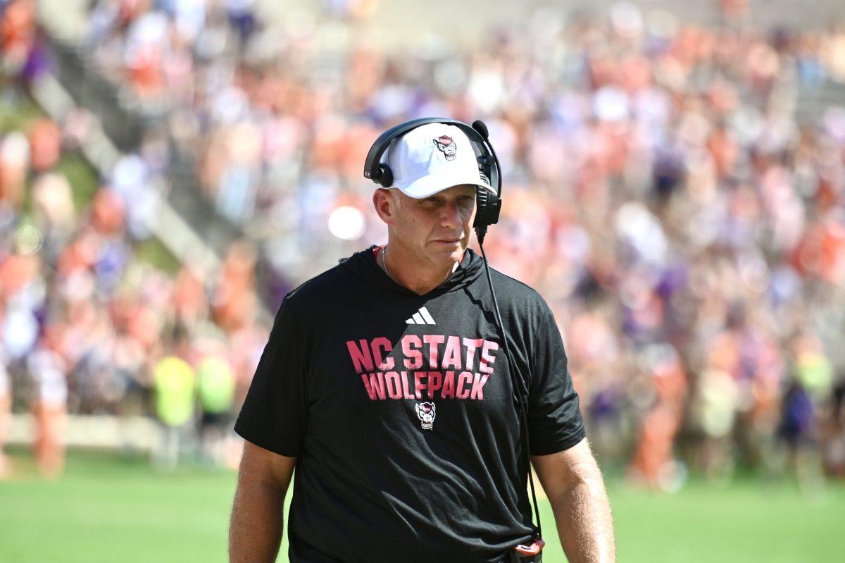 NC State football head coach Dave Doeren walks down the field during the football game against Clemson in Memorial Stadium on Saturday, Sept. 21, 2024.&#160;Clemson beat NC State 59-35.