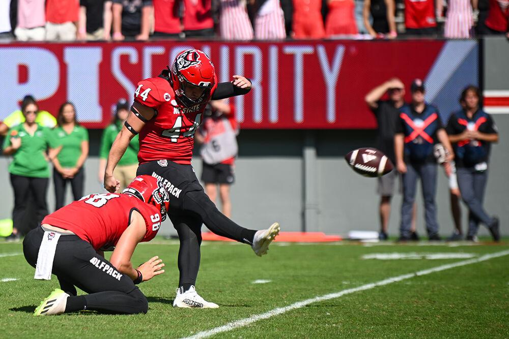 Graduate kicker Brayden Narveson kicks the ball during the game against Marshall at Carter-Finley Stadium on Saturday, Oct. 7, 2023. NC State won the game 48-41.