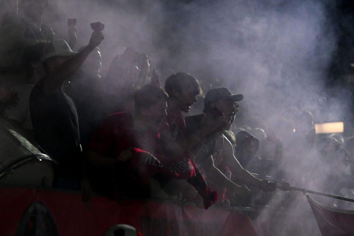 NC State students celebrate following a late-game goal during the NC State versus Stetson men's soccer game at Dail Soccer Field on Friday, Sept. 13, 2024. The NC State Wolfpack tied the Stetson Hatters 1-1.