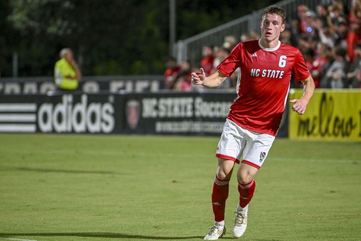 Freshman defender Nikola Markovic runs down the field during the game against Cal at Dail Soccer Field on Friday, Sept. 6, 2024. NC State beat Cal 2-1.