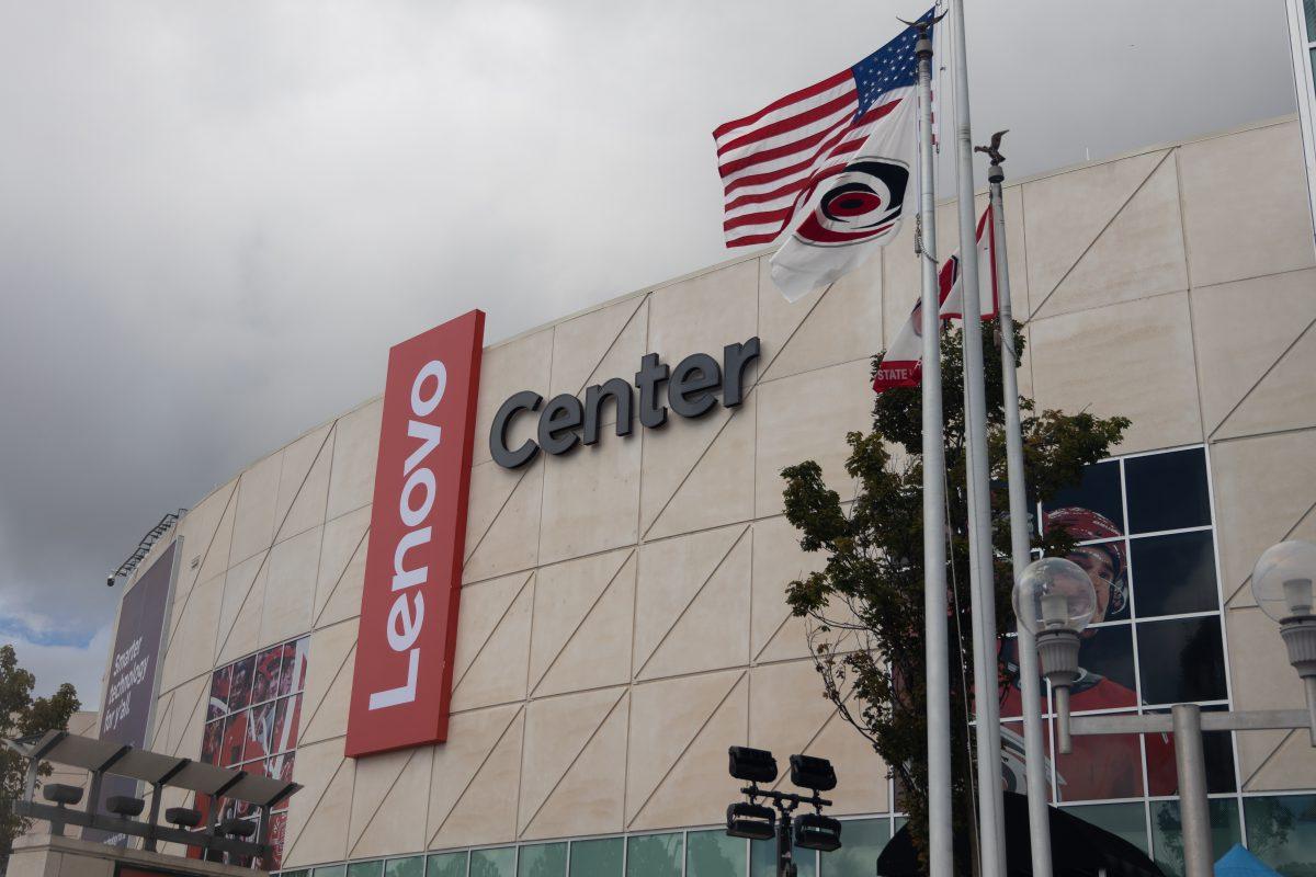 Weather causes problems at the Lenovo Center unveiling on Thursday, Sept. 19, 2024. The rain subsided just long enough for the sign to be revealed.