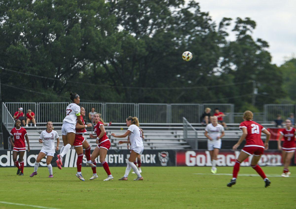 Players prepare to compete for the ball during the match against Stanford University at Dail Soccer Field on Sunday, Sept. 22, 2024. NC State lost to Stanford 2-0.