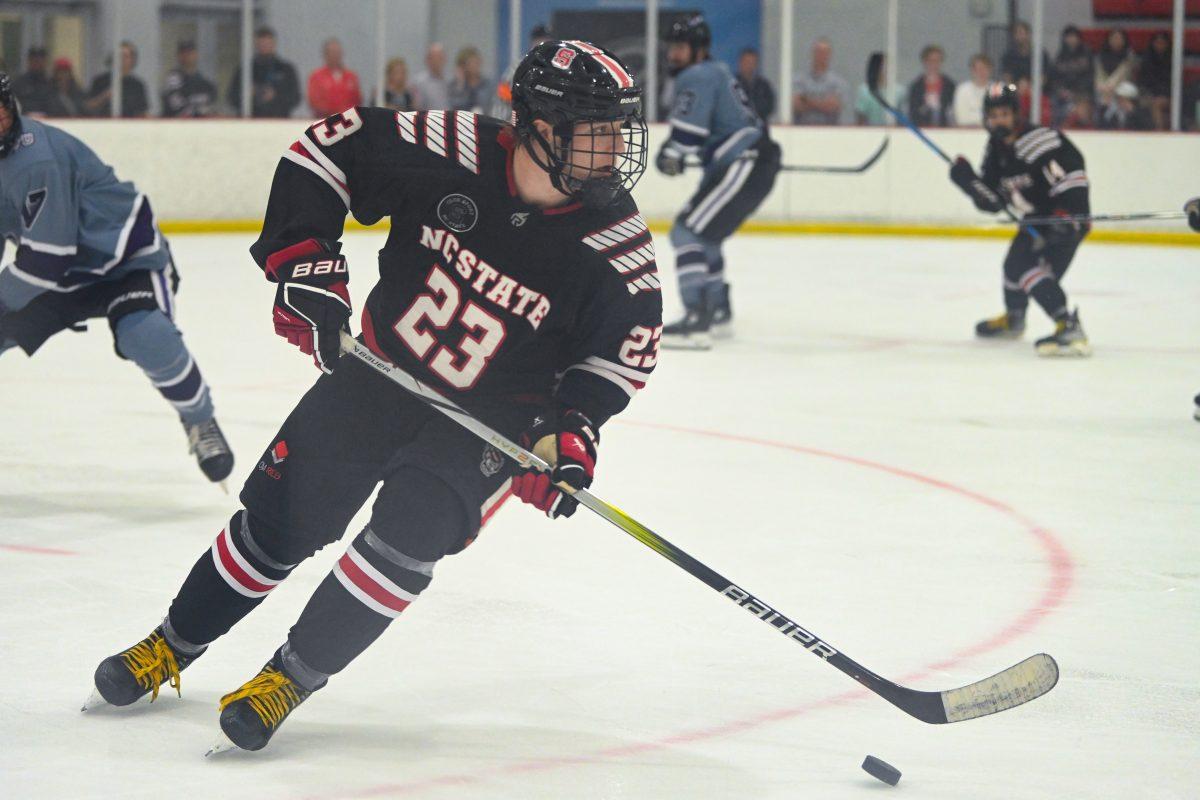 Freshman forward Brooks Willoughby-Ray moves the puck during the game against High Point University at Invisalign Arena on Friday, Sept. 6, 2024. Willoughby-Ray scored the first goal of the game. NC State won 8-2.