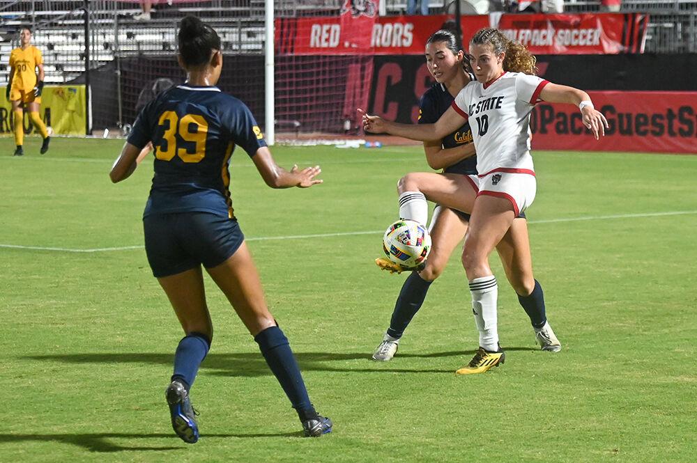 Senior midfielder Annika Wohner receives the ball during the match against California at Dail Soccer Field on Thursday, Sept. 19, 2024. Wohner made one shot on goal. NC State lost to California 3-1.