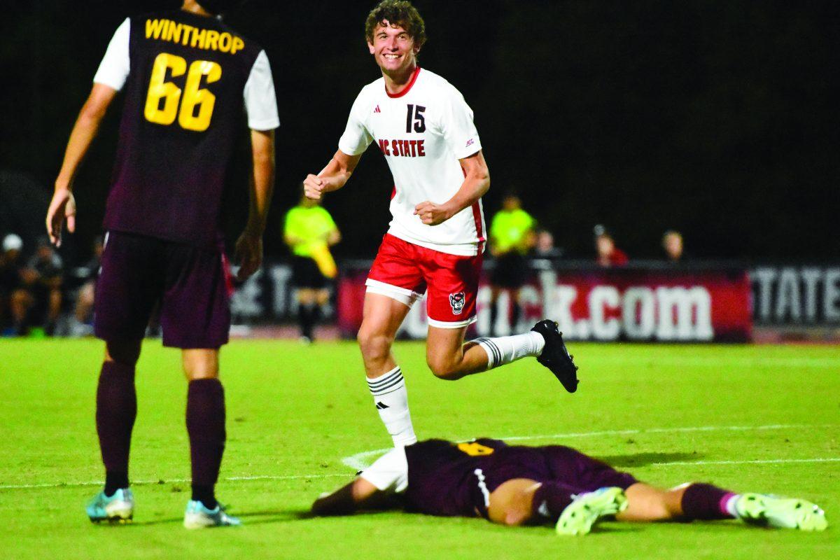 Redshirt junior forward Aidan Payne celebrates a goal during the soccer game against Winthrop at Dail Soccer Field on Tuesday, Sept. 10, 2024. Payne scored the fifth goal against Winthrop. The Wolfpack beat the Eagles 7-0.
