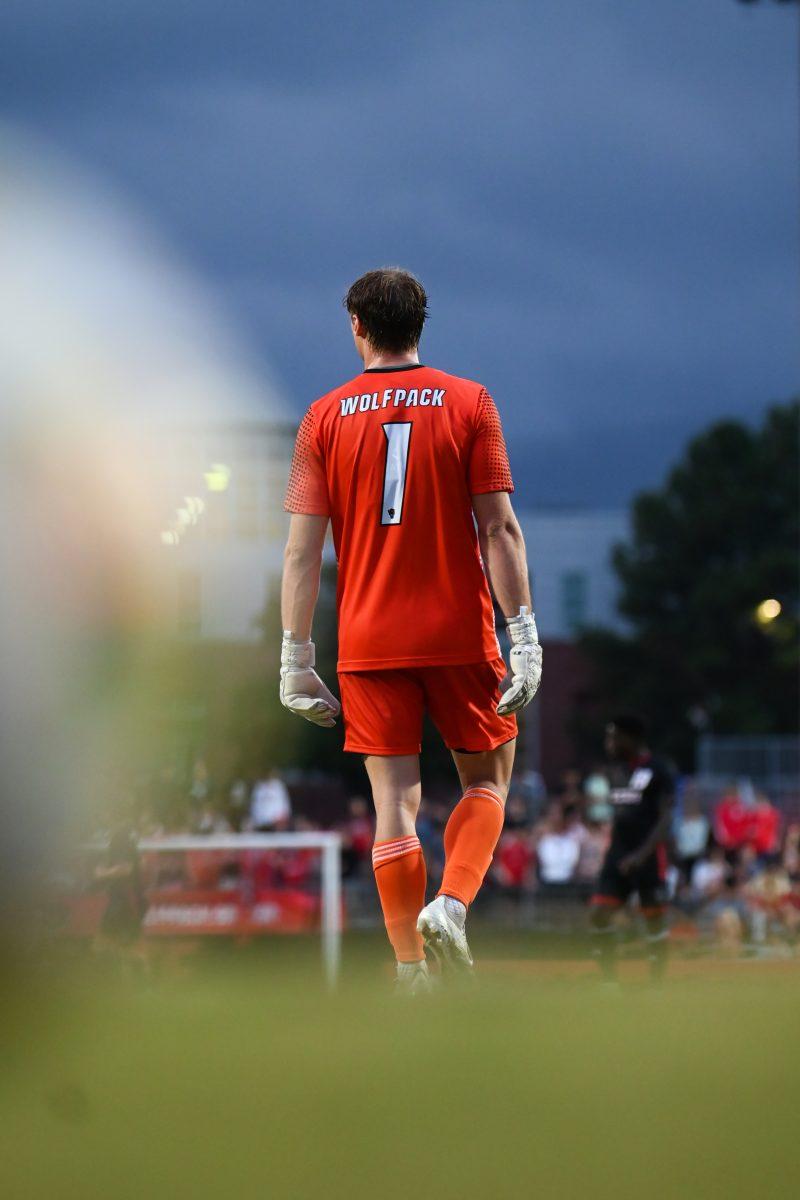Junior Goalkeeper Logan Erb stands ready at the NC State against Stetson game at Dail Soccer Field on Friday, Sept. 13, 2024. The Wolfpack tied the Stetson Hatters 1-1.