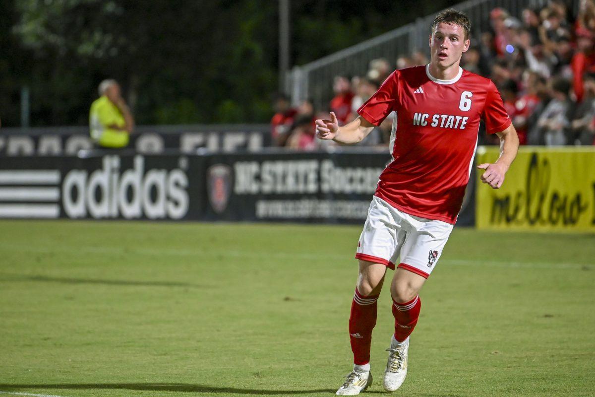Freshman defender Nikola Markovic runs down the field during the game against Cal at Dail Soccer Field on Friday, Sept. 6, 2024. NC State beat Cal 2-1.