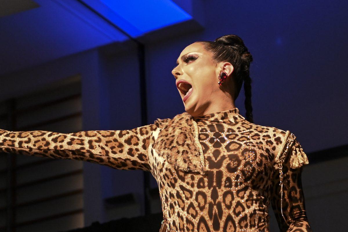 Drag queen Nadia Rain points to the crowd at Desserts and Drag in the State Ballroom on Thursday, Sept. 19, 2024.