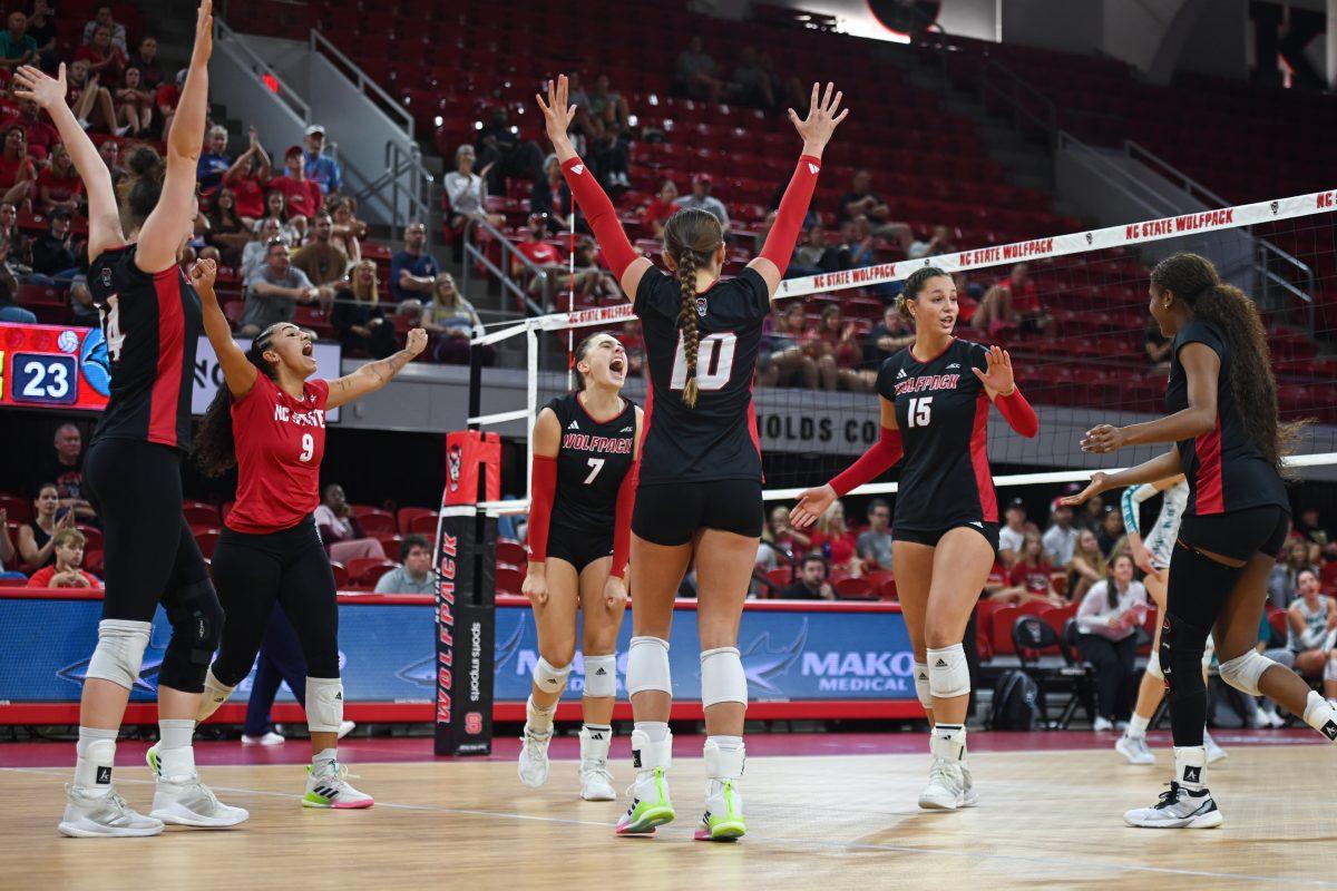 The NC State volleyball team celebrates a point scored during the game against Coastal Carolina in Reynolds Coliseum on Sunday, Sept. 22, 2024. The Wolfpack lost to the Chanticleers 3-2.