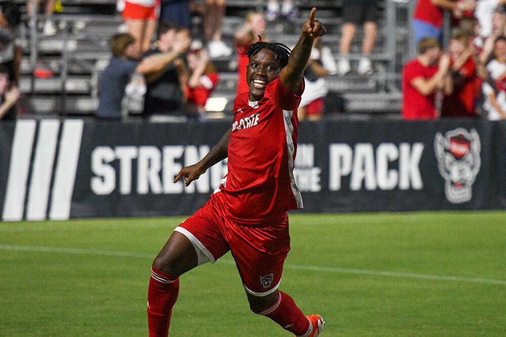 Senior midfielder Vusumzi Plamana celebrates after scoring during the match against High Point at Dail Soccer Field on Thursday, Aug. 22, 2024. Plamana made one of three goals scored by the Wolfpack. NC State beat High Point 3-2.