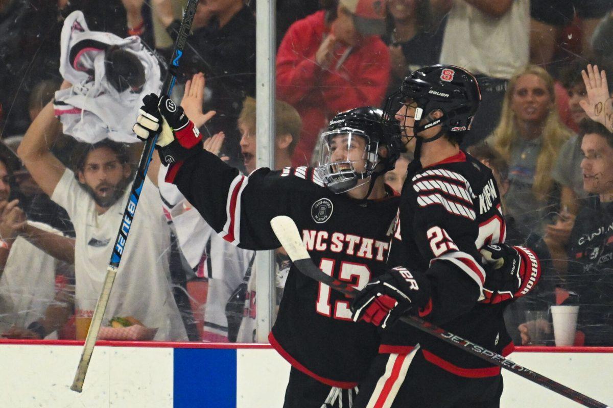 Junior defenseman Nick Librizzi (left) celebrates a goal with sophomore forward Holden Koufman (right) during the game against High Point University at Invisalign Arena on Friday, Sept. 6, 2024. Librizzi scored one goal during the game. NC State won 8-2.