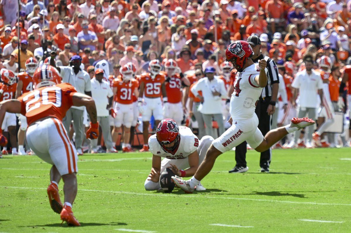redshirt sophomore kicker Kanoah Vinesett goes for the field goal during the football game against Clemson in Memorial Stadium on Saturday, Sept. 21, 2024. Vinesett missed the field goal.&#160;Clemson beat NC State 59-35.