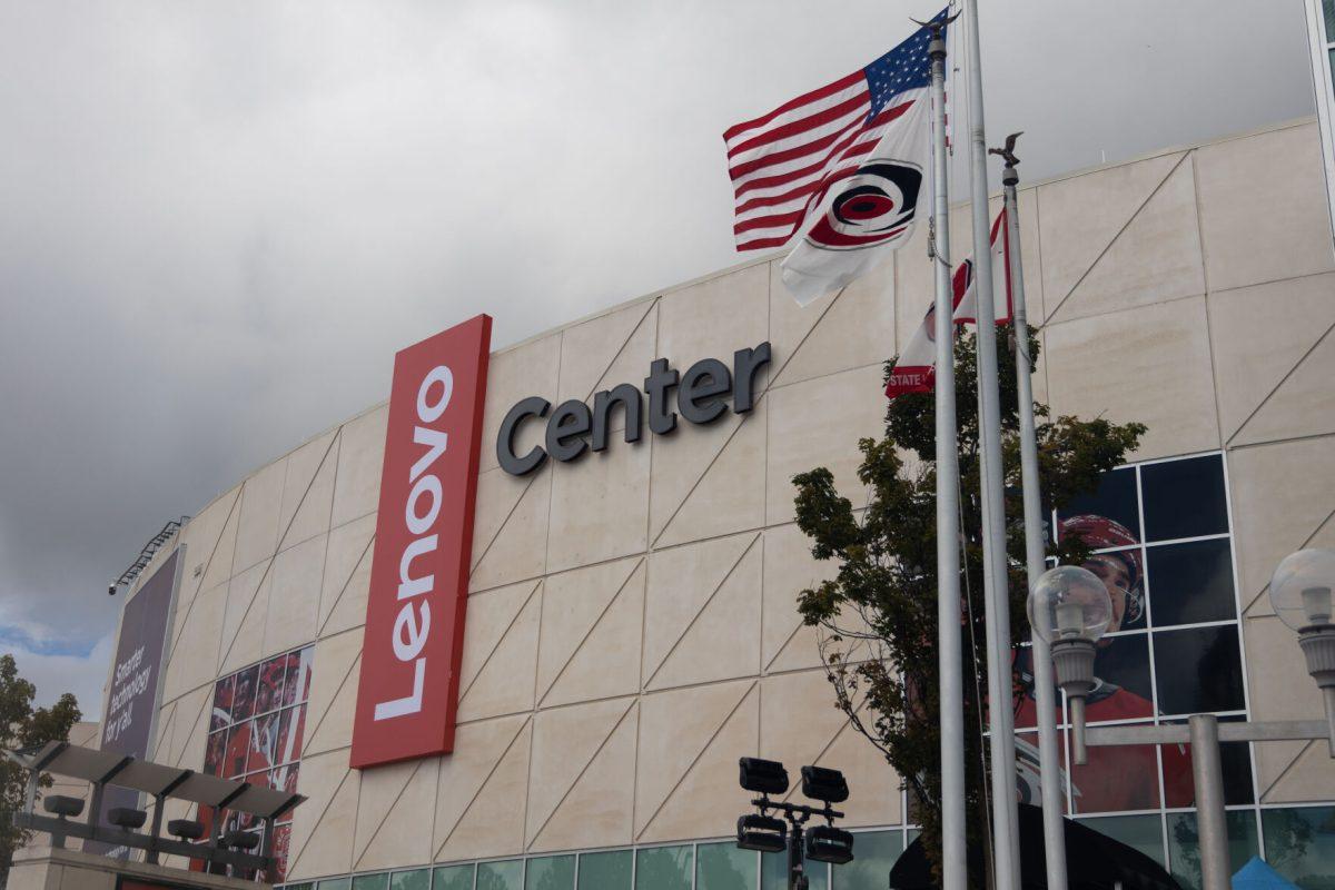 Weather causes problems at the Lenovo Center unveiling on Thursday, Sept. 19, 2024. The rain subsided just long enough for the sign to be revealed.
