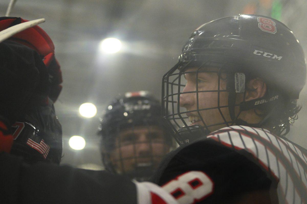 Junior forward Zach Herman celebrates a goal during the game against High Point University at Invisalign Arena on Friday, Sept. 6, 2024. Herman scored the three goals. NC State won 8-2.