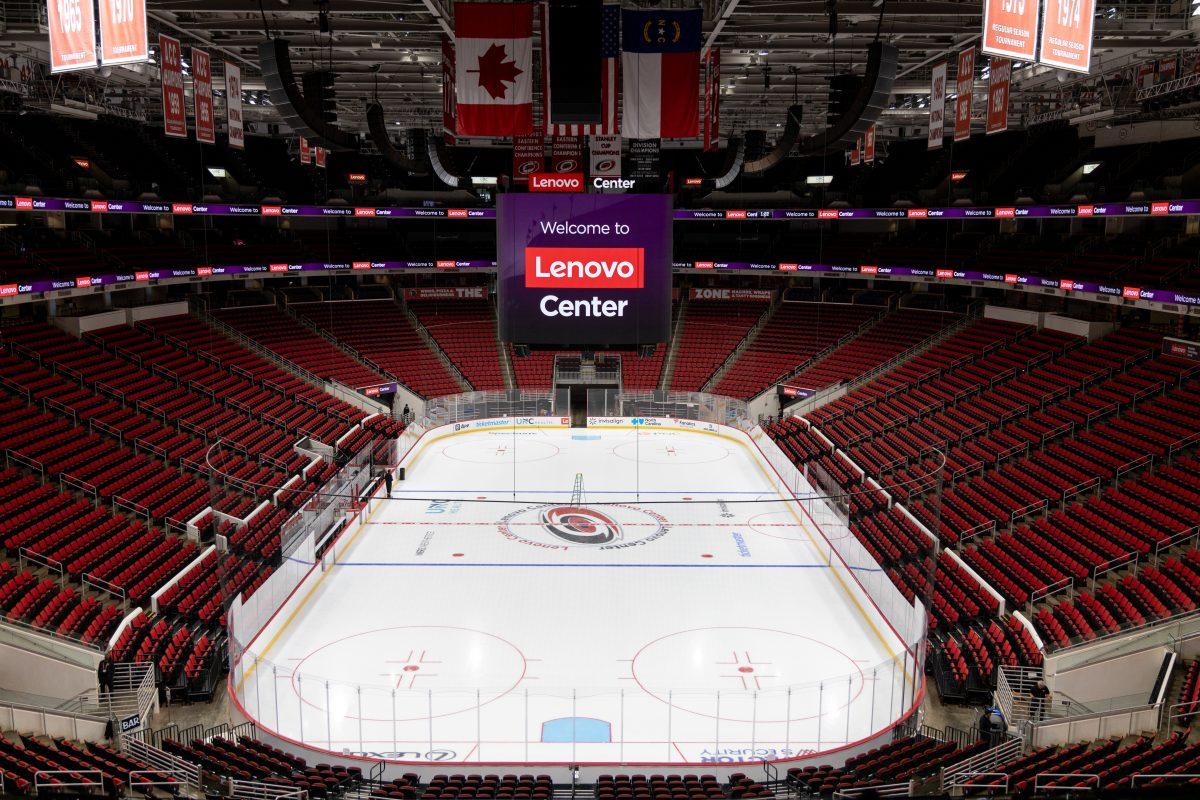 The calm before the storm at the newly renamed Lenovo Center on Thursday, Sept. 19, 2024. The Lenovo Center signage was unveiled just a week after the renaming of former PNC Arena.