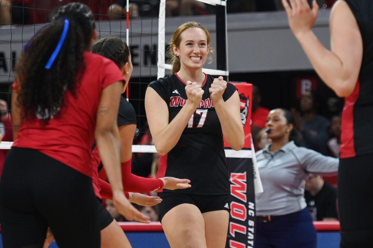 Senior opposite hitter Amanda Rice celebrates a point during the game against Coastal Carolina in Reynolds Coliseum on Sunday, Sept. 22, 2024. Rice had 18 kills The Wolfpack lost to the Chanticleers 3-2.