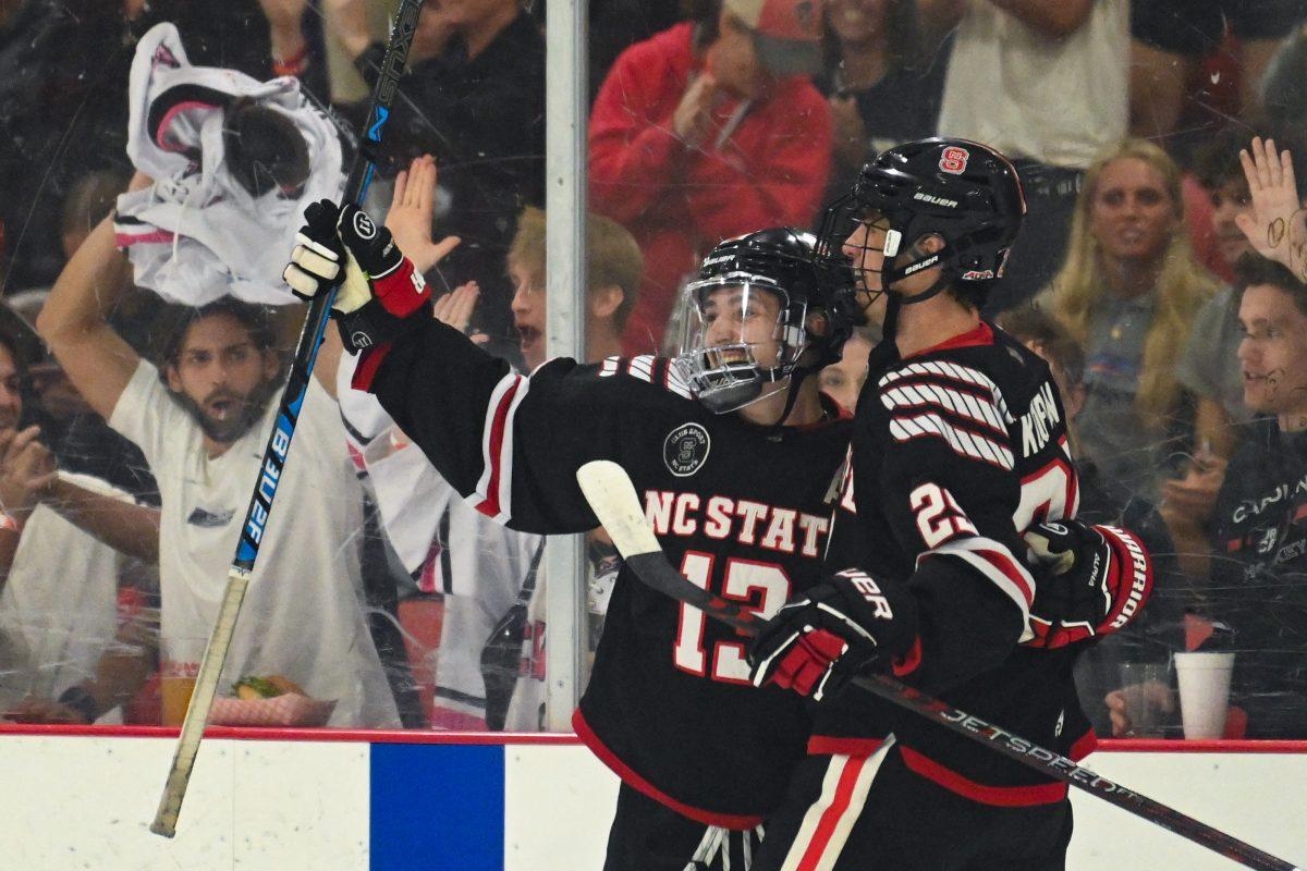 Junior defenseman Nick Librizzi (left) celebrates a goal with sophomore forward Holden Koufman (right) during the game against High Point University at Invisalign Arena on Friday, Sept. 6, 2024. Librizzi scored one goal during the game. NC State won 8-2.
