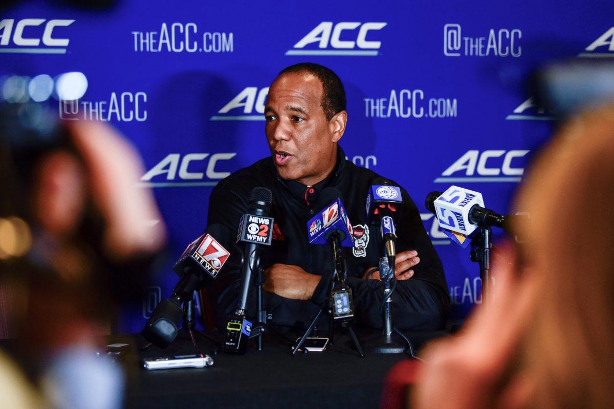 Head coach Kevin Keatts speaks to reporters during the ACC Tipoff event at the Hilton Charlotte Uptown in Charlotte, North Carolina on Wednesday, Oct. 9, 2024. During the event, Keatts detailed the future of the team and what to expect in the 2024-2025 season.