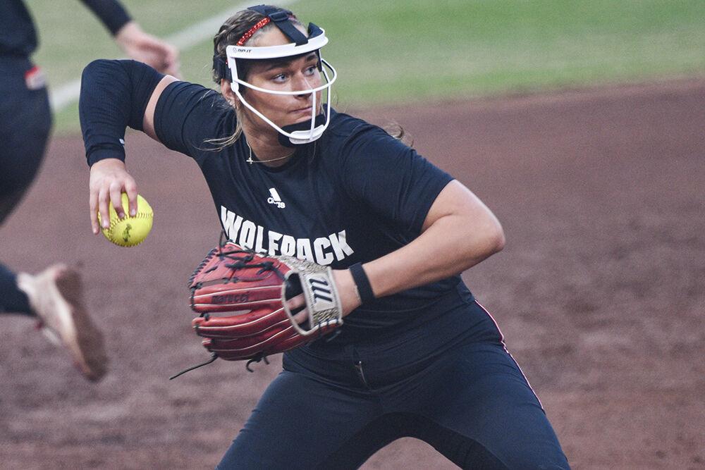 Sophomore Kayla Fekel Fields throws during the game against Elon at Dail Softball Stadium on Wednesday, Oct. 23, 2024. The Wolfpack won the game 14-7.