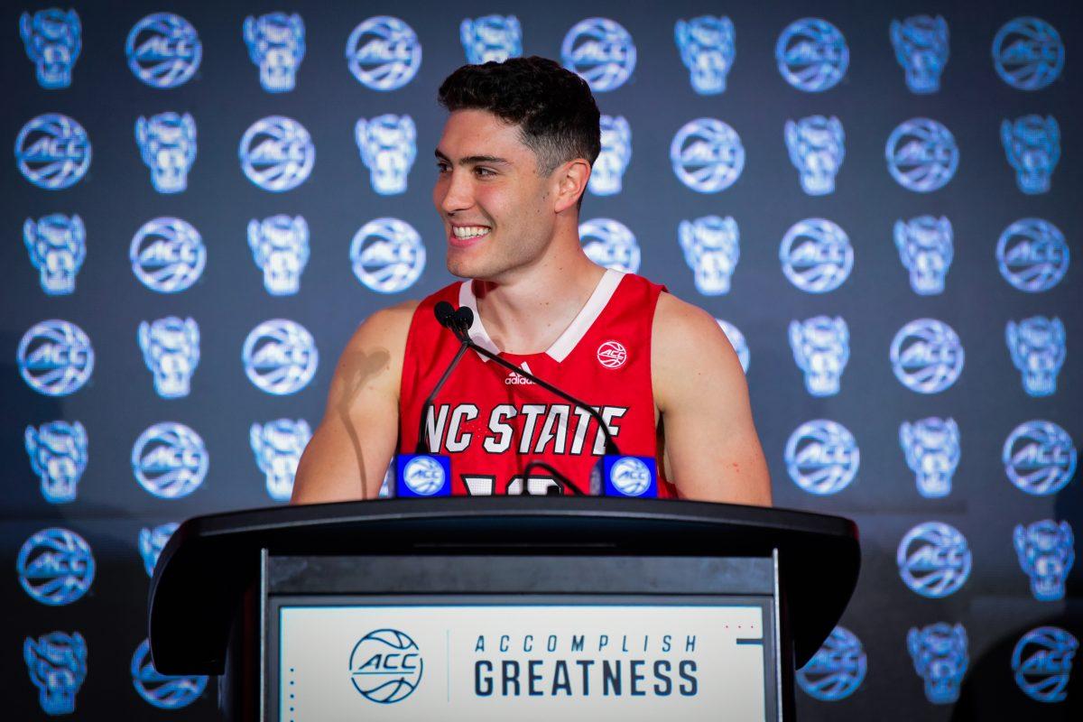 Graduate guard Michael O'Connell smiles at reporters on the main stage during the ACC Tipoff event at the Hilton Charlotte Uptown in Charlotte, North Carolina on Wednesday, Oct. 9, 2024. During the event, O'Connell answered reporters questions and detailed the future of the team for the 2024-2025 season.