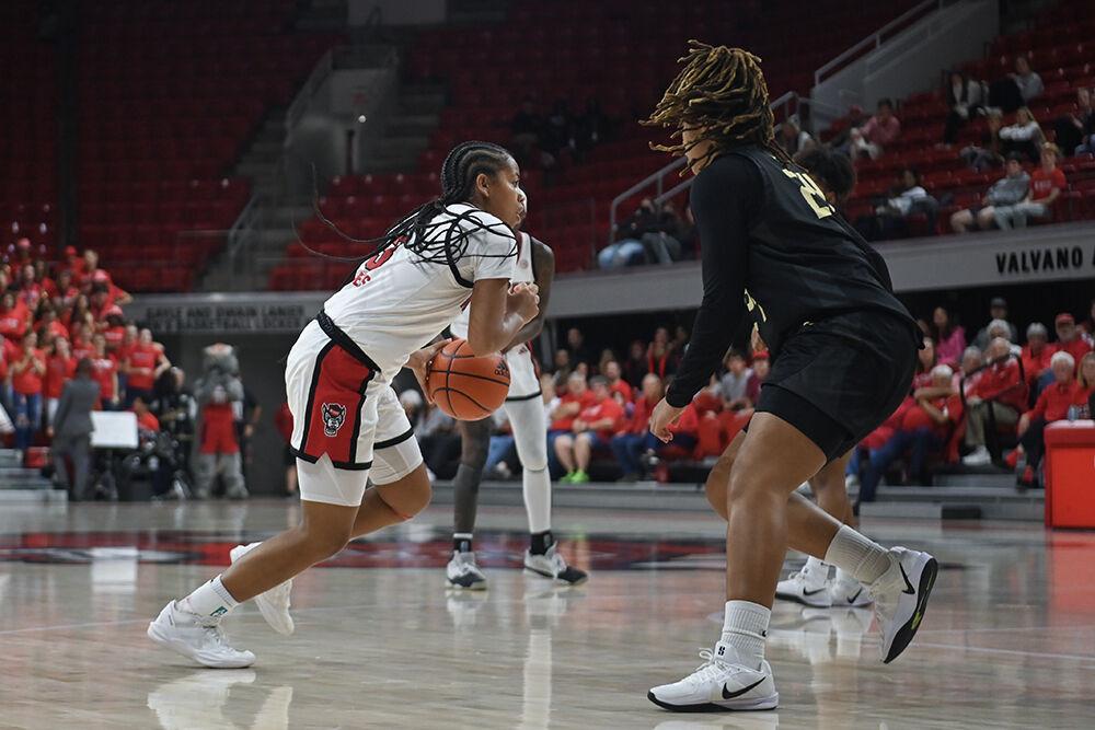 Freshman guard Zamareya Jones drives the ball down the court during the&#160;exhibition&#160;game against Anderson in Reynolds Coliseum on Tuesday, Oct. 29, 2024. Jones had nine rebounds and scored 19 points. The Wolfpack beat the Trojans 91-54.