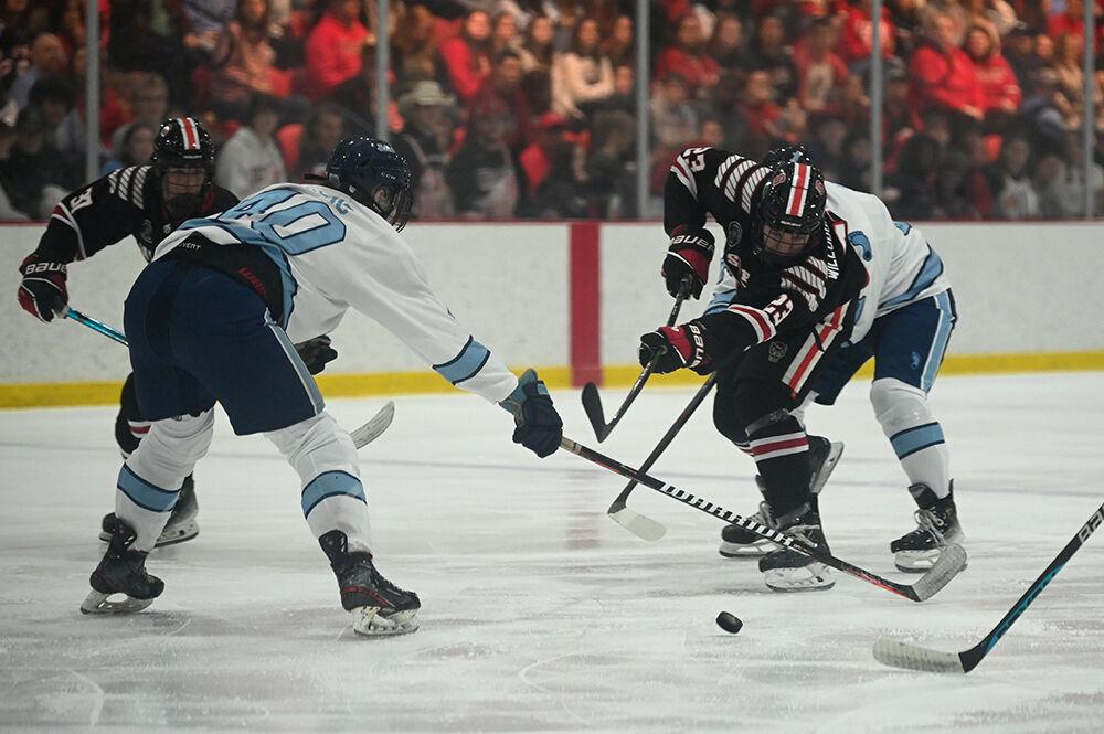 Freshman forward Brooks Willoughby-Ray maintains control of the puck during the game against UNC-Chapel Hill at Invisalign Arena on Friday Oct. 11, 2024. NC State lost to UNC-Chapel Hill 6-5.