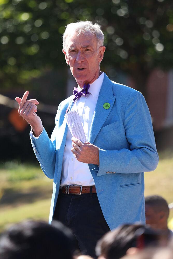 Bill Nye, science communicator and engineer, speaks to a crowd of students at the Court of North Carolina at Walk to the Polls with Bill Nye on Saturday, Oct. 19, 2024. This speech was a part of the North Carolina Democratic Party's campaign urging young voters to vote early.