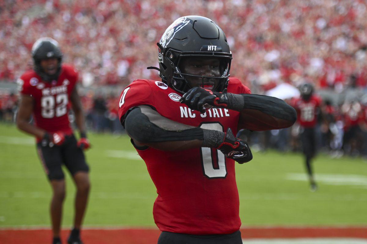 Sophomore running back Kendrick Raphael celebraters a touchdown during the football game against Wake Forest in Carter-Finley Stadium on Saturday, Oct. 5, 2024. Raphael scored one touchdown. NC State lost to Wake Forest 34-30.