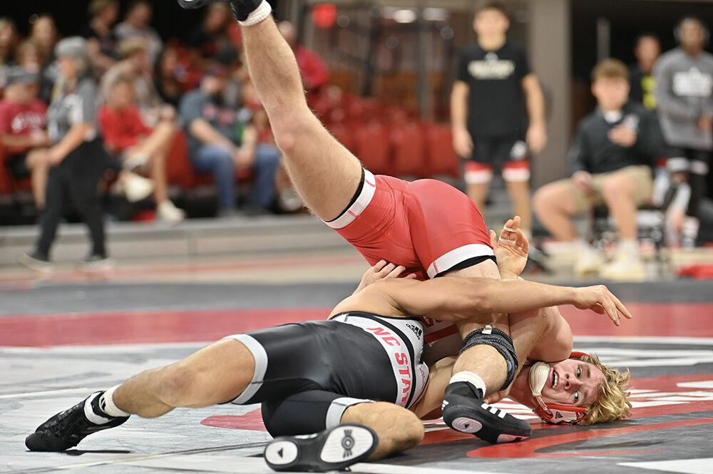 Redshirt freshman Jackson Baglio attempts to defend his positon against redshirt senior Jakob Camacho at Wrestle-Offs in Reynolds Colluseum on Saturday, Oct. 26, 2024. Camacho beat Baglio 8-3.