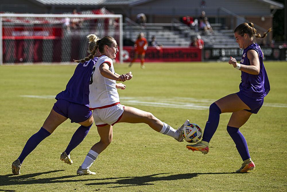 Sophmore forward Jade Bordeleau fights for the ball against Clemson defense during the match against Clemson at Dail Soccer Field on Sunday, Oct. 20, 2024. Bordeleau had one assist. NC State beat Clemson 1-0.