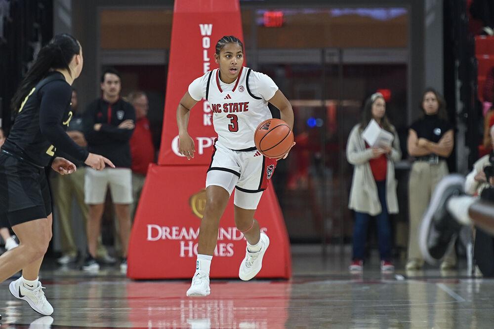 Freshman guard Zamareya Jones drives the ball towards the basket after a rebound during the exhibition&#160;game against Anderson in Reynolds Coliseum on Tuesday, Oct. 29, 2024. Jones had nine rebounds and scored 19 points. The Wolfpack beat the Trojans 91-54.