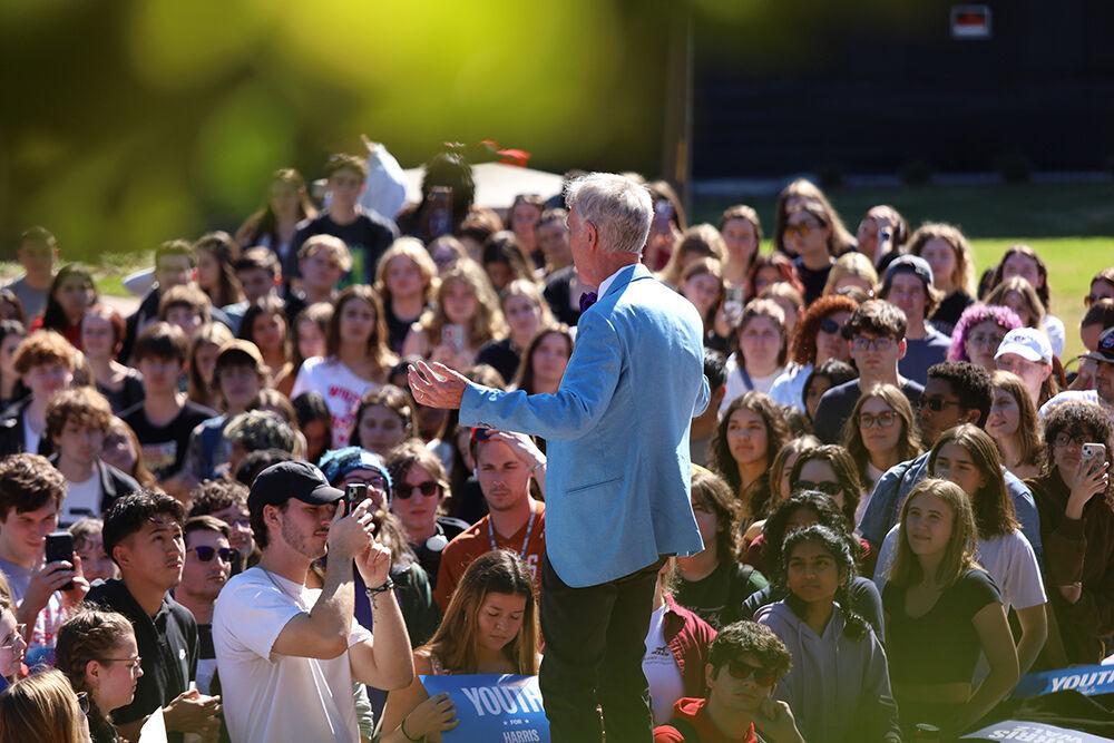 Bill Nye, science communicator and engineer, addresses a crowd of students about voting at the Court of North Carolina on Saturday, Oct. 19, 2024. This speech was in association with the Democratic Party's campaign urging young North Carolinians to vote early.