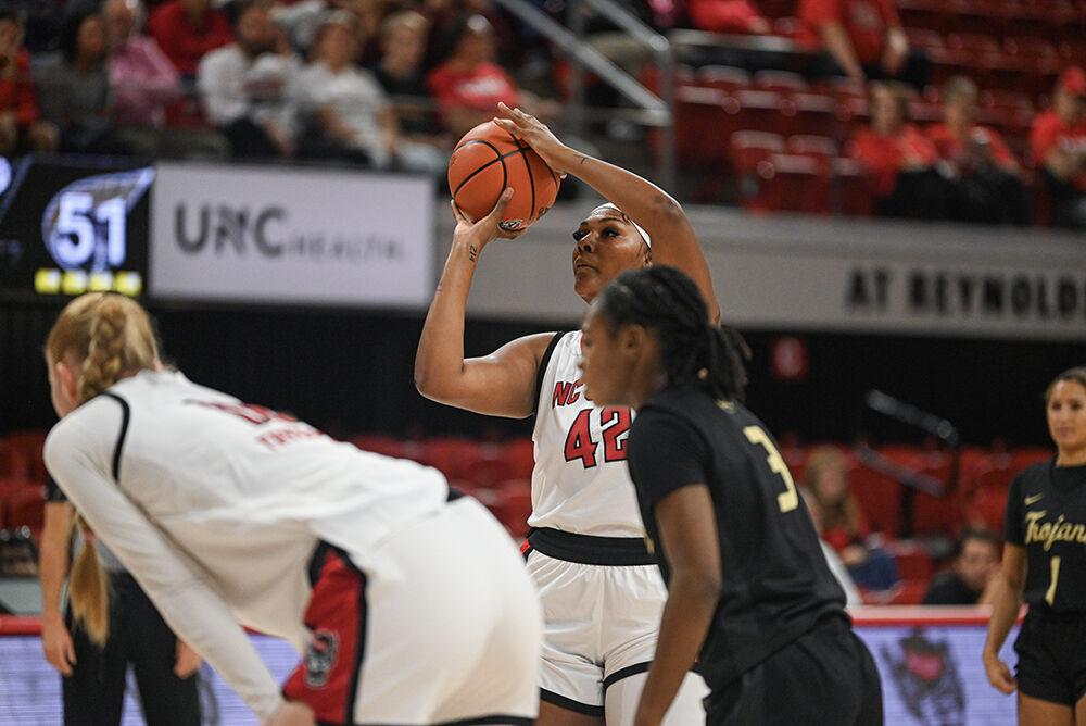 Sohpomore center Mallory Collier shoots a freethrow during the exhibition&#160;game against Anderson in Reynolds Coliseum on Tuesday, Oct. 29, 2024. NC State beat Anderson 91-54.