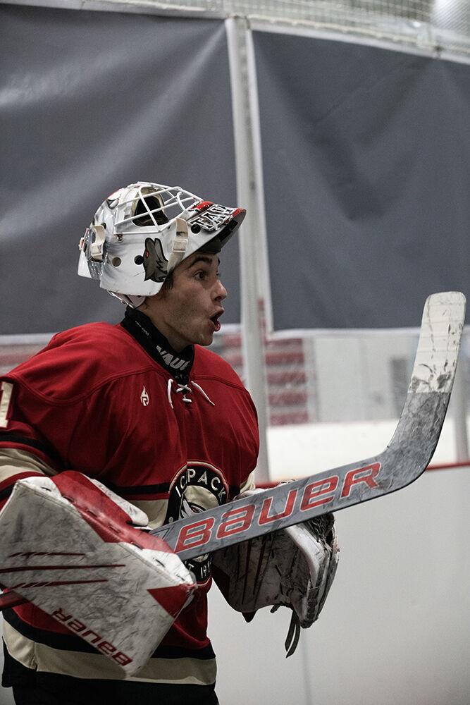 Senior goaltender Isaac Tawyer celebrates win after match against Alabama in Invisalign Arena on Saturday, Oct. 5, 2024. NC State beat Alabama 5-2.