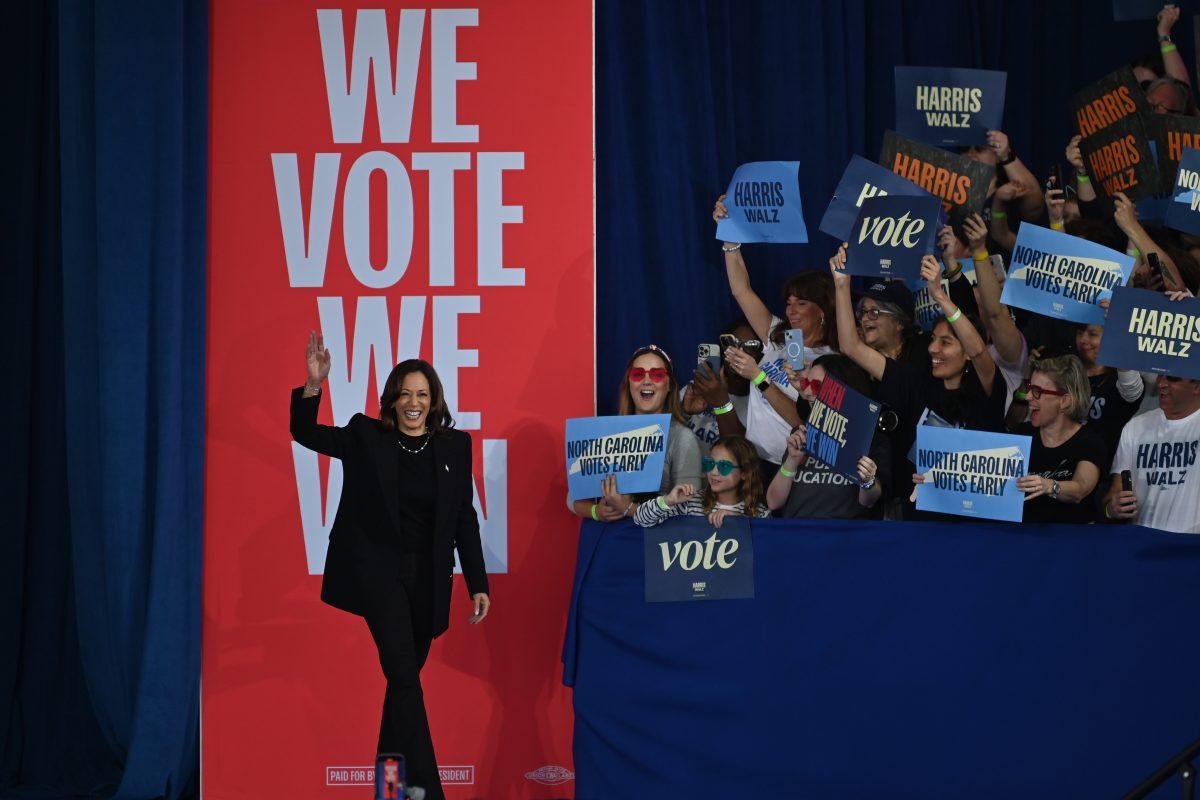 Vice President Kamala Harris walks on stage during her campaign rally at Coastal Credit Union Music Park at Walnut Creek on Wednesday, Oct. 31, 2024. Harris put an emphasis on turning out to vote and women's rights in her final push for the battleground state of North Carolina.