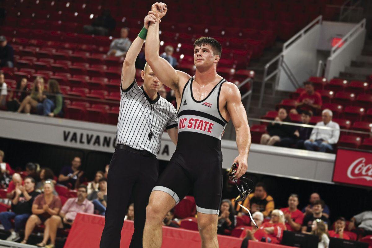 Redshirt junior Isaac Trumble celebrates his Wrestle-Offs duel win in Reynolds Coliseum on Saturday, Oct. 26, 2024. Trumble won 4-0.