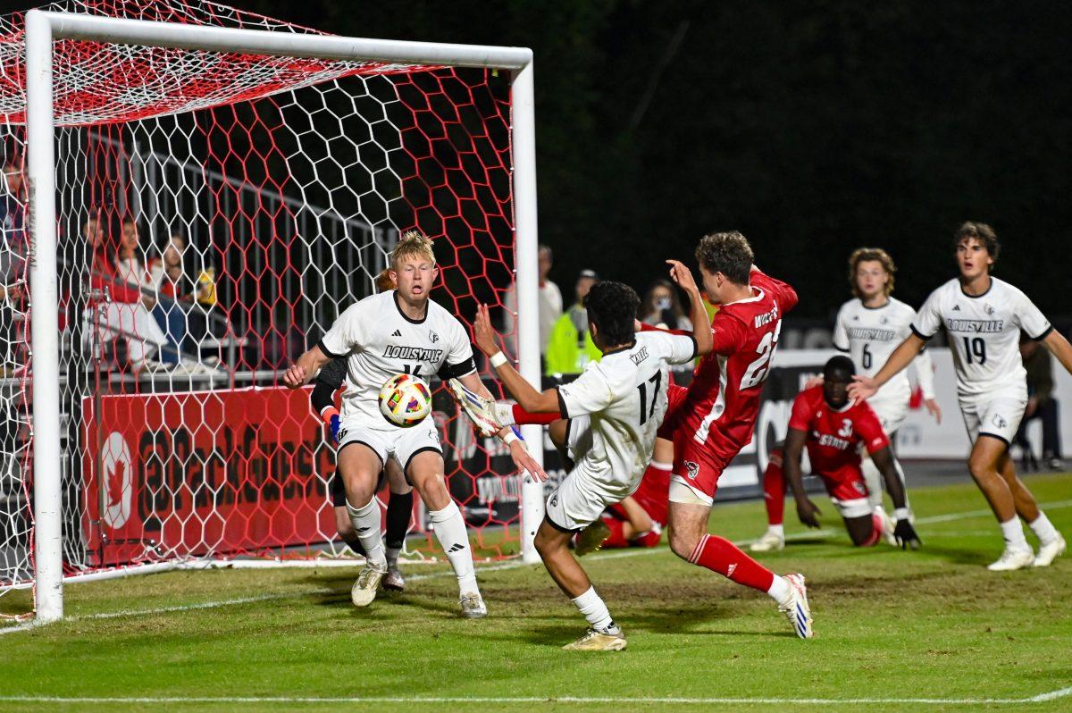 Junior forward Drew Lovelace attempts to score during the game against Louisville at Dail Soccer Field on Sunday, Oct. 27, 2024. NC State defeated Louisville 1-0.