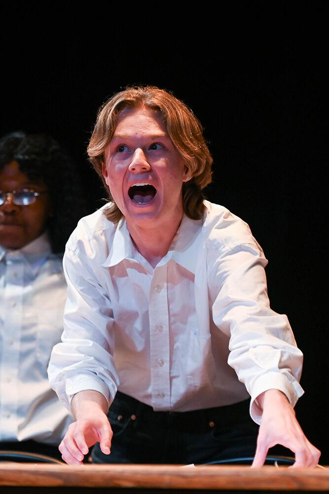 Tanner Moore, a first-year studying animal science, acts in the dress rehearsal of "Teletype" in Kennedy-McIlwee Studio Theater on Wednesday, Oct. 2, 2024. "Teletype" was written by Wyat Hamilton, a fourth-year majoring in civil engineering.