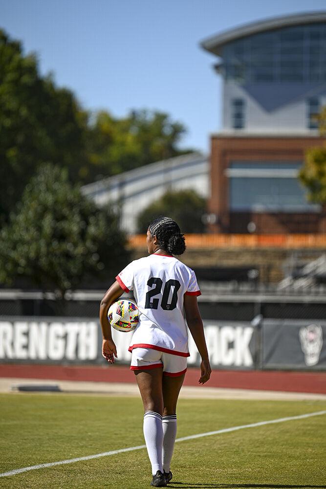 Junior defender Brooklyn Holt surveys the field during the match against Clemson at Dail Soccer Field on Sunday, Oct. 20, 2024. NC State beat Clemson 1-0.
