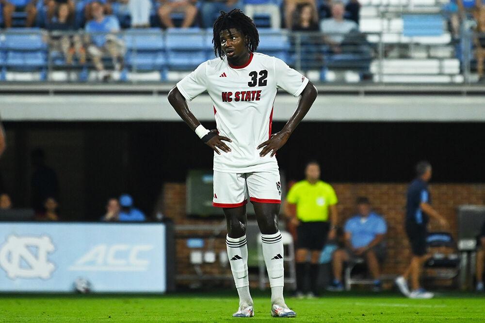 Sophomore forward Donovan Phillip waits for play to resume during the match against UNC-Chapel Hill at Dorrance Field on Friday, Sept. 20, 2024. NC State lost 2-0 to UNC-Chapel Hill.