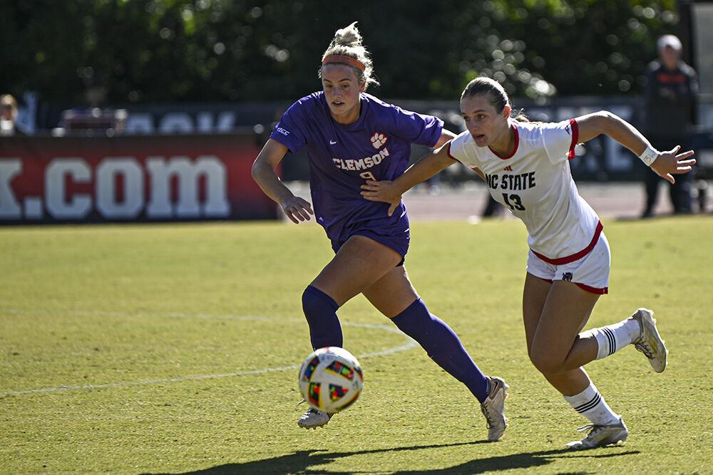 Sophmore forward Jade Bordeleau rushes for the ball during the match against Clemson at Dail Soccer Field on Sunday, Oct. 20, 2024. Bordeleau had one assist. NC State beat Clemson 1-0.