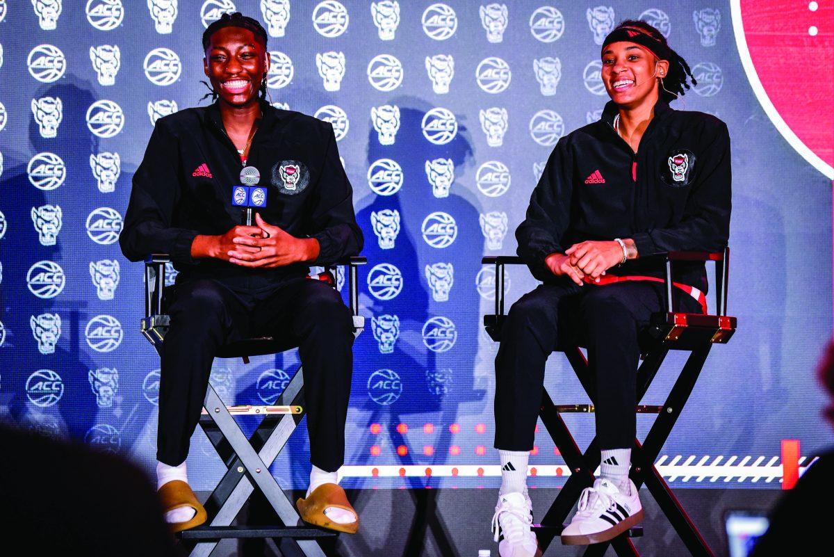 Senior guards Saniya Rivers and Aziaha James share a laugh during the ACC Tipoff event at the Hilton Charlotte Uptown in Charlotte, North Carolina on Tuesday, Oct. 8, 2024. During the event, the pair of guards along with head coach Wes Moore previewed the season and answered questions about the team coming off a final four run.