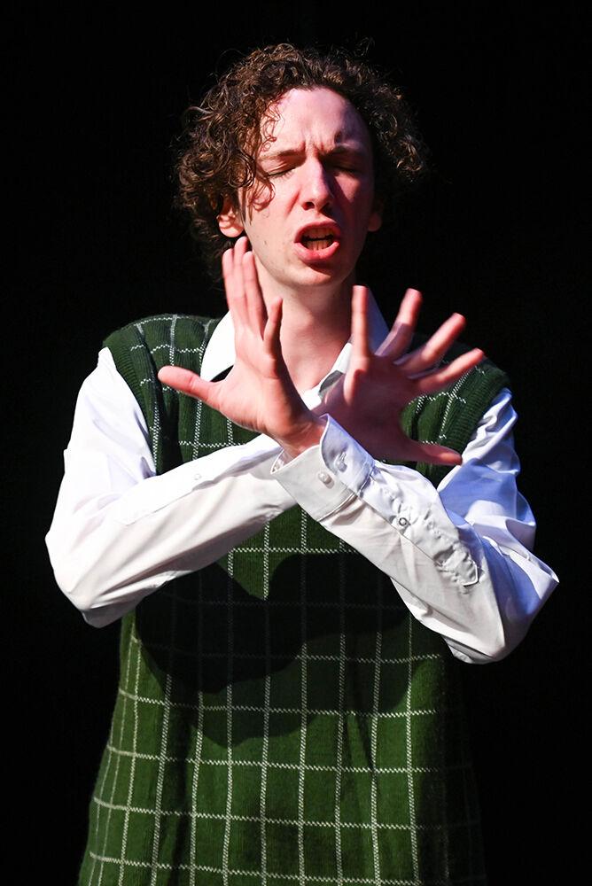 Luke Moran, a first-year studying biology, expresses emotion during the dress rehearsal of "Teletype" in Kennedy-McIlwee Studio Theater on Wednesday, Oct. 2, 2024. Moran performed as the character Lindsey Neely.