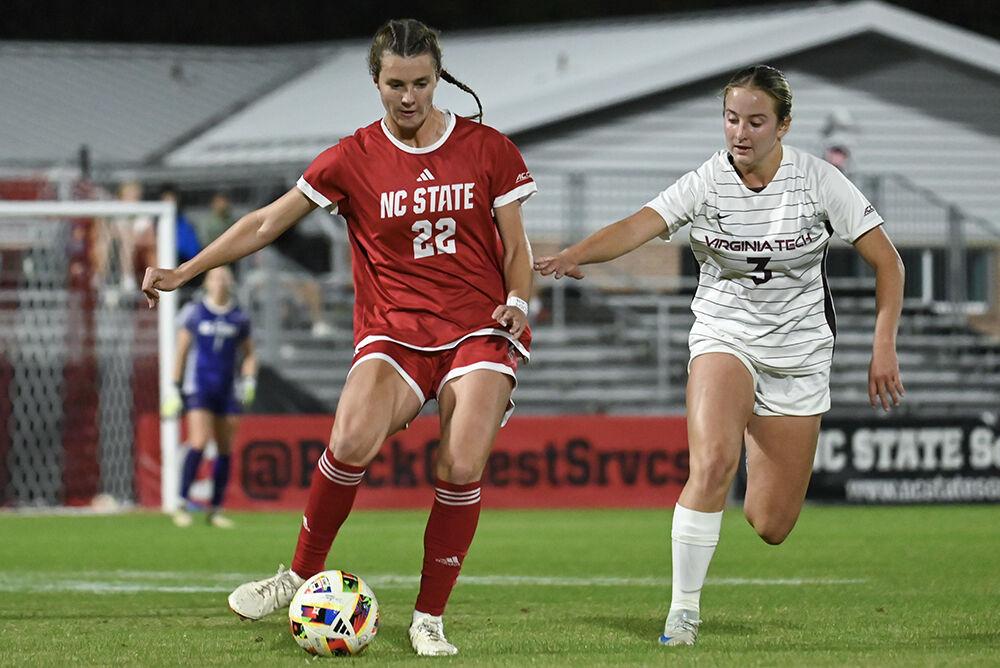 Junior defender Taylor Chism clears the ball during the match against Virginia Tech at Dail Soccer Field on Thursday, Oct. 24, 2024. Chism played for the entire 90 minutes of the match. The Wolfpack tied the Hokies 0-0.