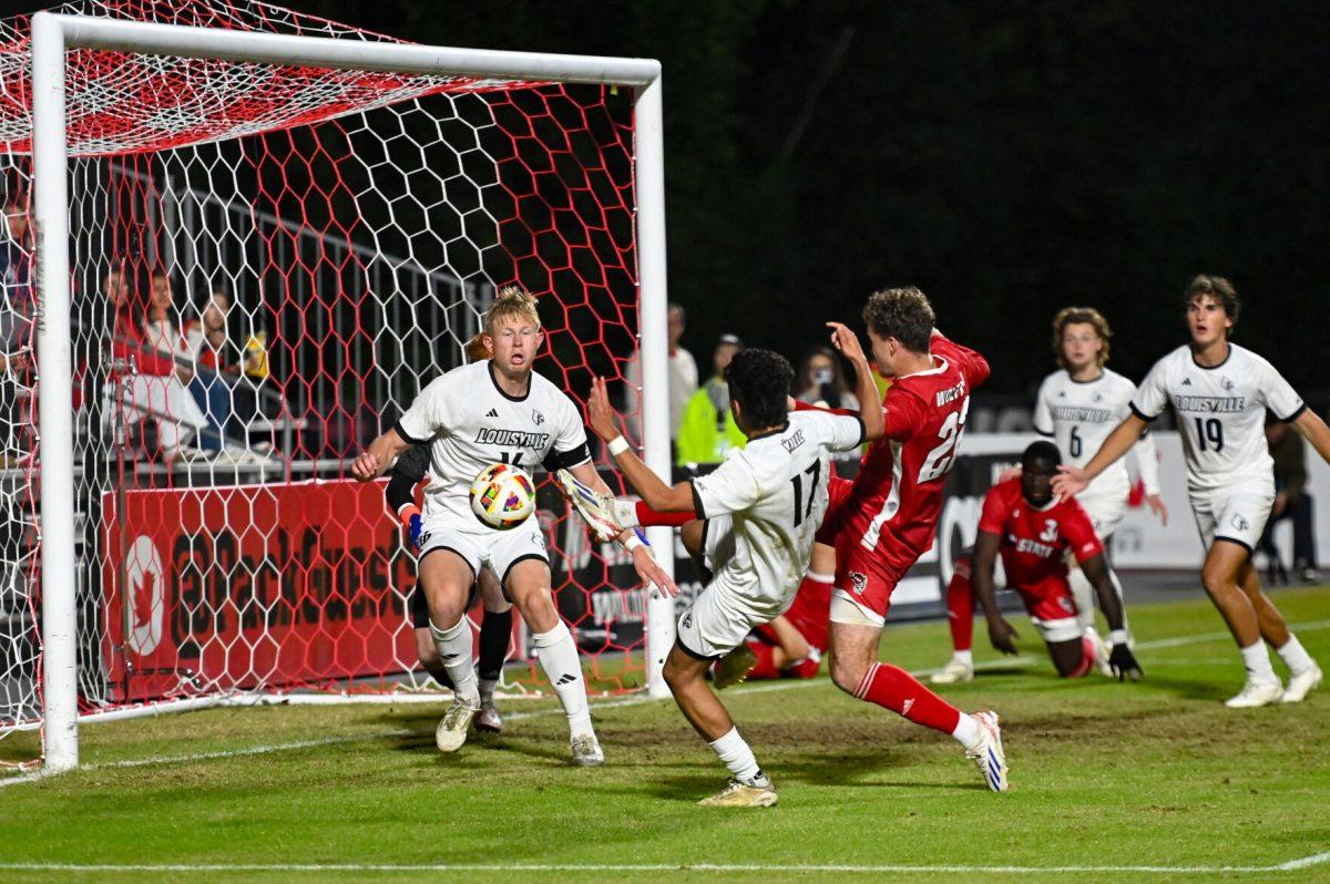 Junior forward Drew Lovelace attempts to score during the game against Louisville at Dail Soccer Field on Sunday, Oct. 27, 2024. NC State defeated Louisville 1-0.