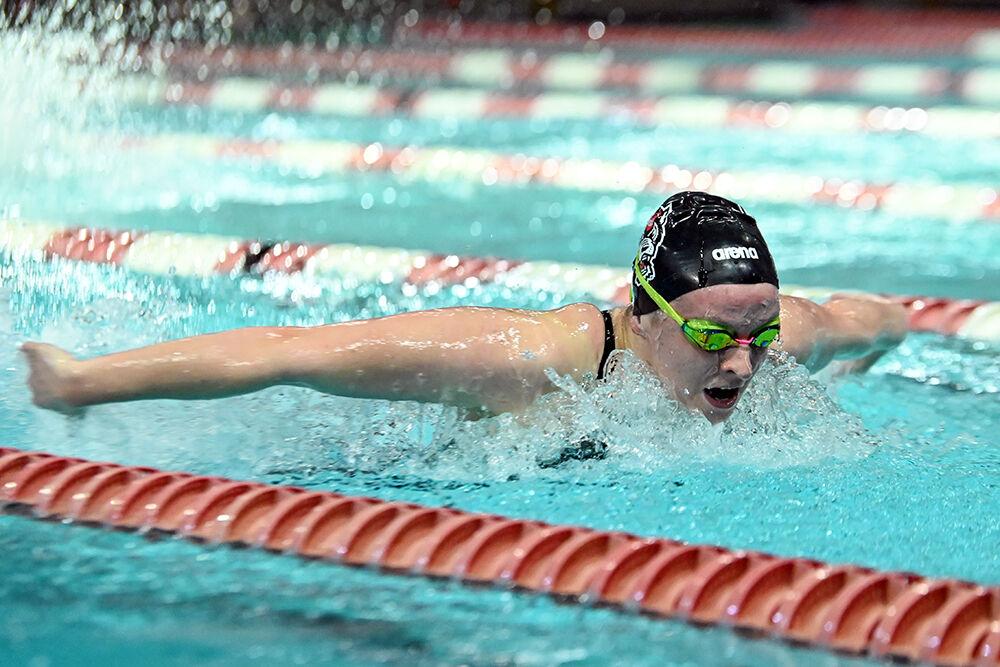 Junior Grace Sheble swims the women 200-yard butterfly during the swimming and diving meet against UNC-Wilmington at Willis R. Casey Aquatic Center on Friday, Feb. 2, 2024. Sheble placed first in the heat with a time of 1:57.31. The NC State women's team beat Wilmington 181-89.