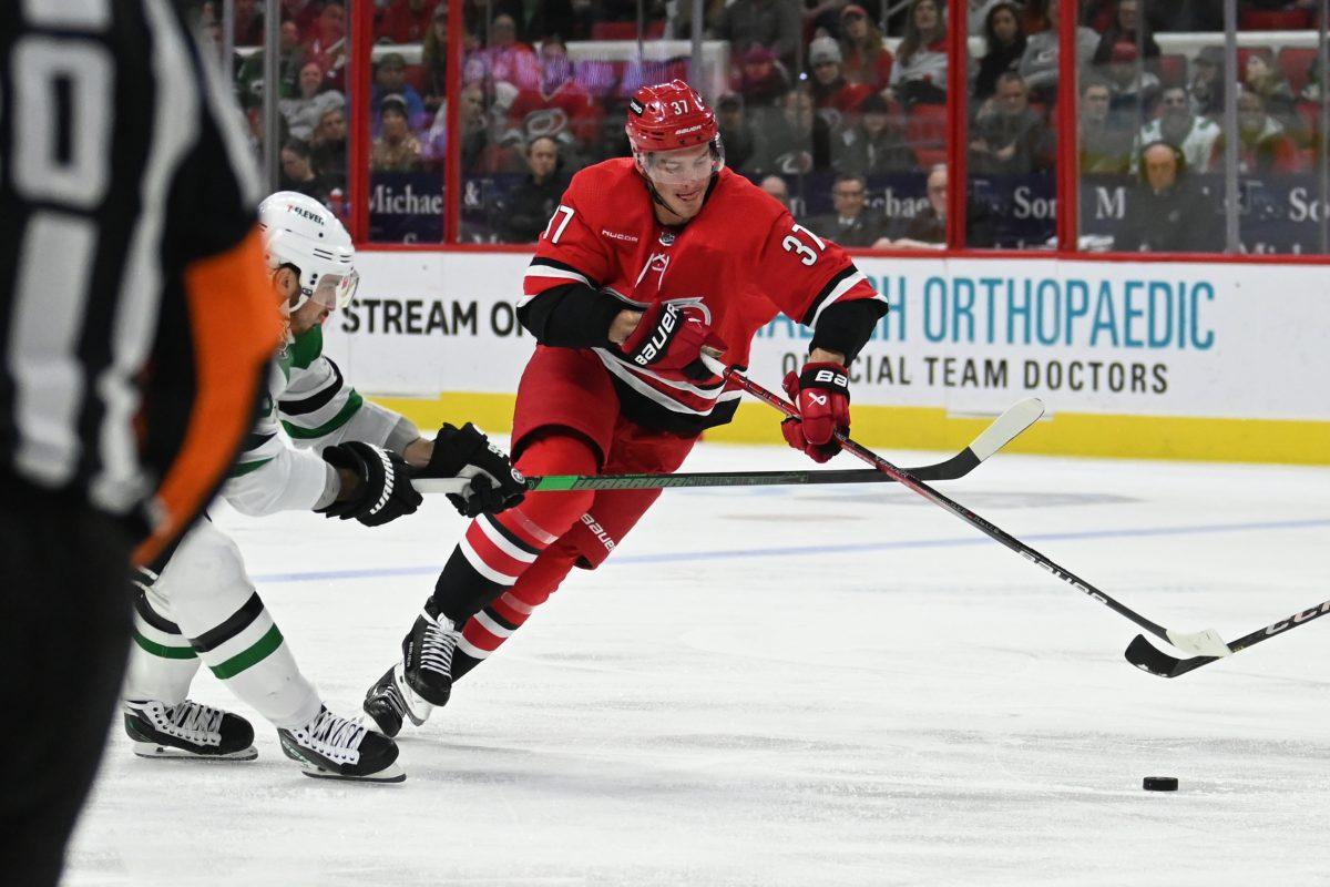 Carolina right wing Andrei Svechnikov skates past Dallas defensemen during the Hurricanes' home game against the Stars in PNC Arena on Saturday, Feb. 24, 2024. The Stars beat the Canes 2-1.