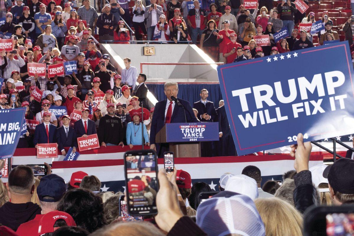 Former president Donald Trump speaks to an enthusiastic crowd at his rally at Dorton Arena on Monday, Nov. 4, 2024. The former president petitioned the crowd to go vote on Tuesday and to bring their friends to vote.