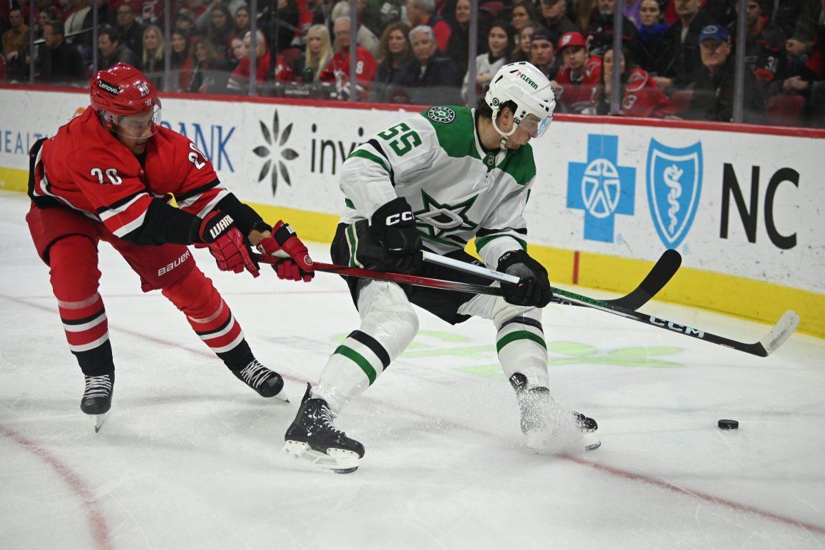 Carolina centreman Sebastian Aho lunges in to block a Dallas clear during the Hurricanes' home game against the Stars in PNC Arena on Saturday, Feb. 24, 2024. Aho scored the Canes' lone goal of the night. The Stars beat the Canes 2-1.